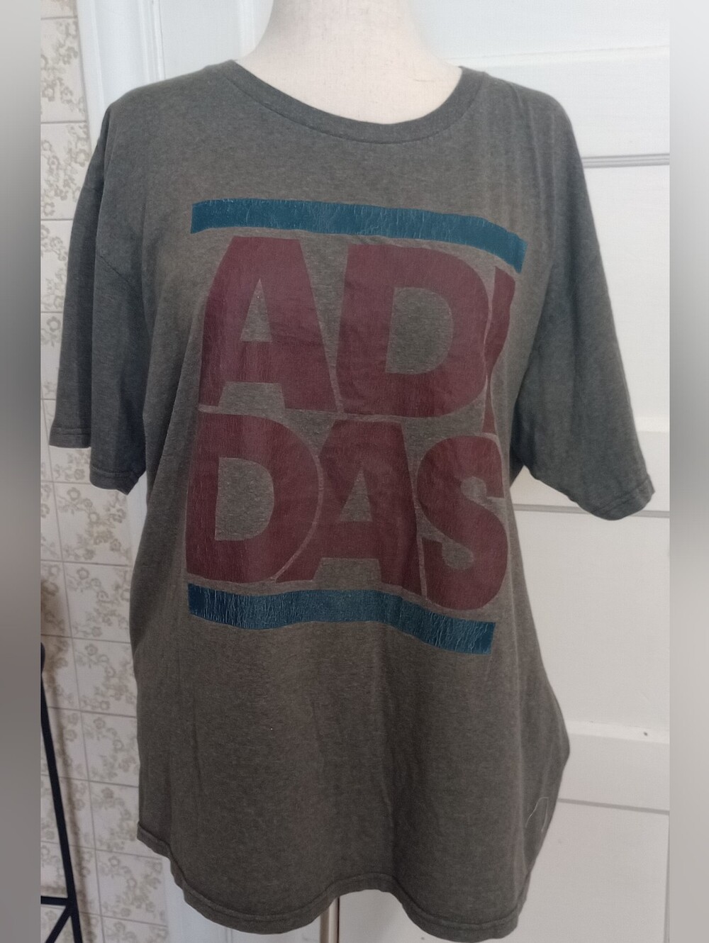 adidas Men's Gray Tee with Maroon Logo and Blue Accents